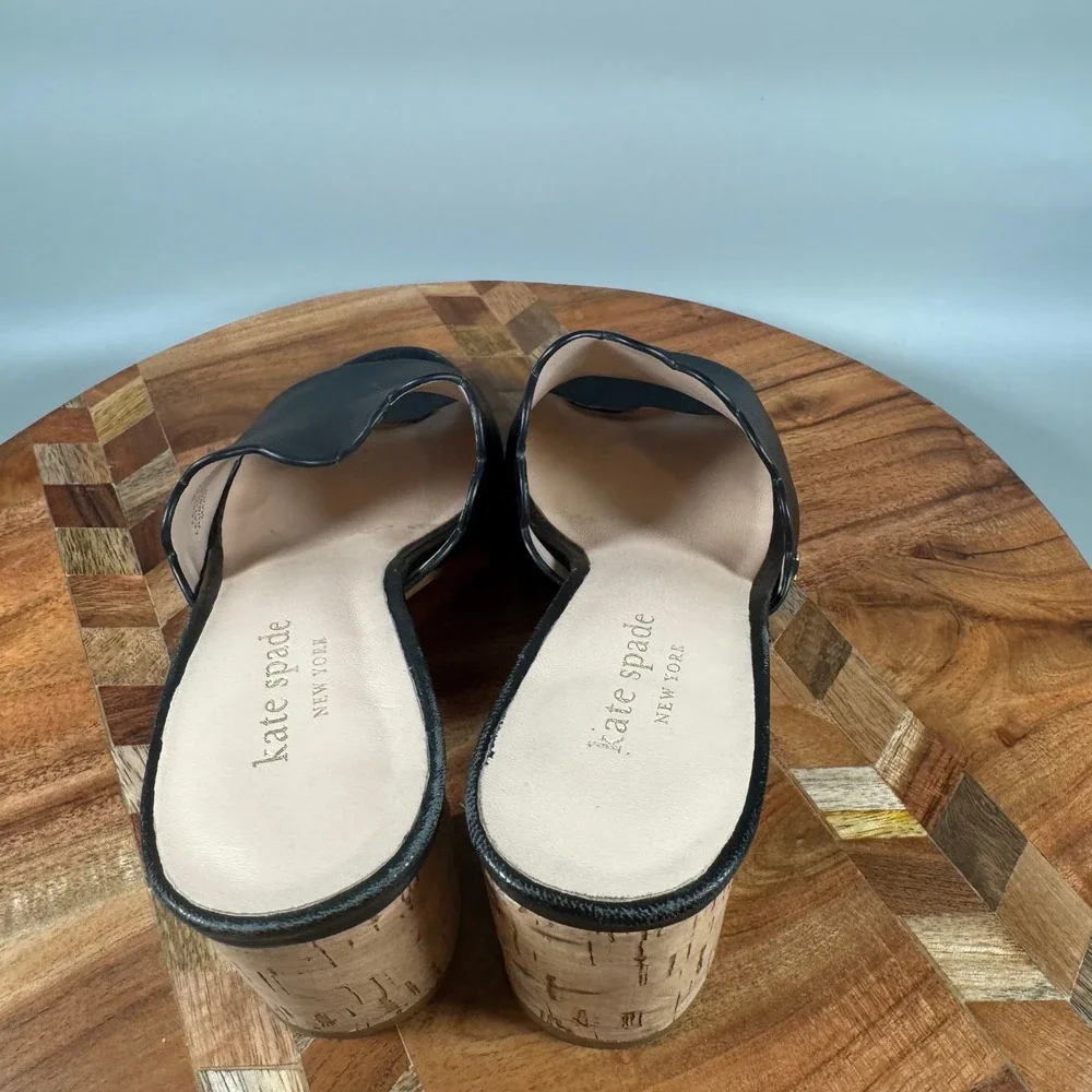 Kate Spade New York Black Leather Scalloped Slide Mules Cork Block Heel Size 6M
